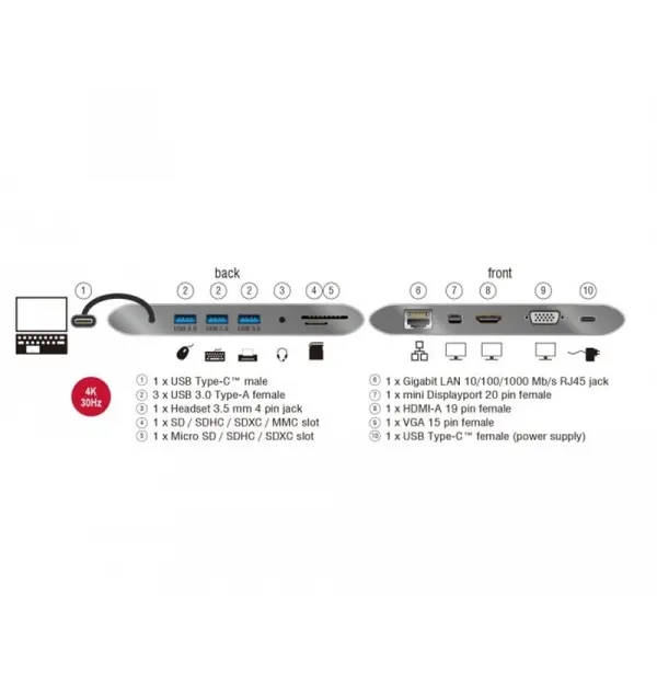 Docking Station USB Type C 3.1 4K 30 Hz grigio