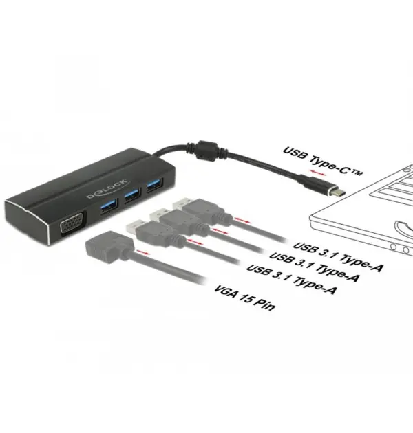 Adattatore USB Type-C - 3x USB 3.0 Tipo-A, 1x VGA (DP Alt Mode)