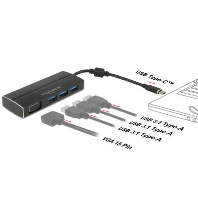 Adattatore USB Type-C - 3x USB 3.0 Tipo-A, 1x VGA (DP Alt Mode)